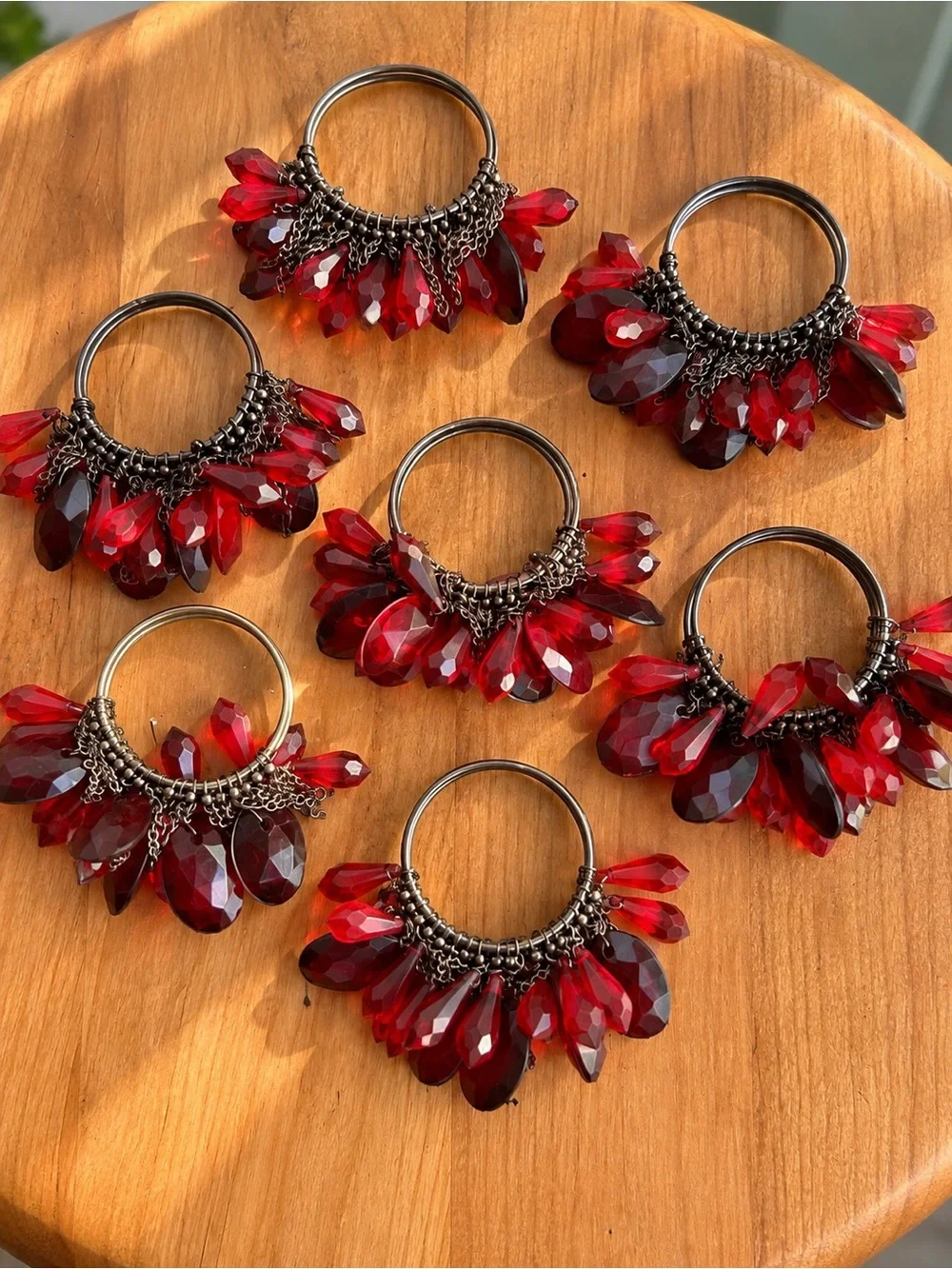 Vintage Set 7 Red Crystal Beaded Napkin Rings Boho Jeweled Tassel Holiday